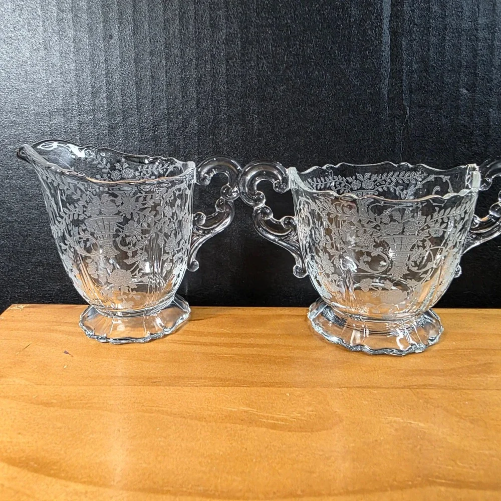 Crystal Glass Creamer and Sugar Bowl Set Etched Filigree Floral Holiday Wedding